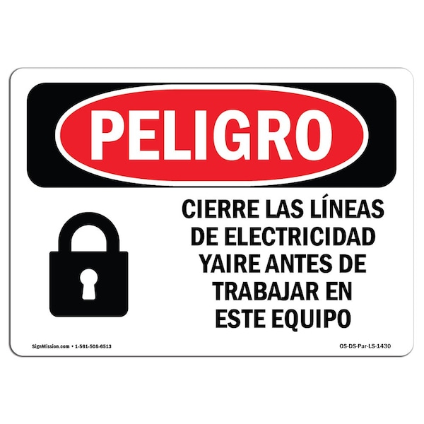 Signmission OSHA Danger, Lockout Electricity Air Lines Spanish, 24in X 18in Decal, OS-DS-D-1824-LS-1430 OS-DS-D-1824-LS-1430 - main